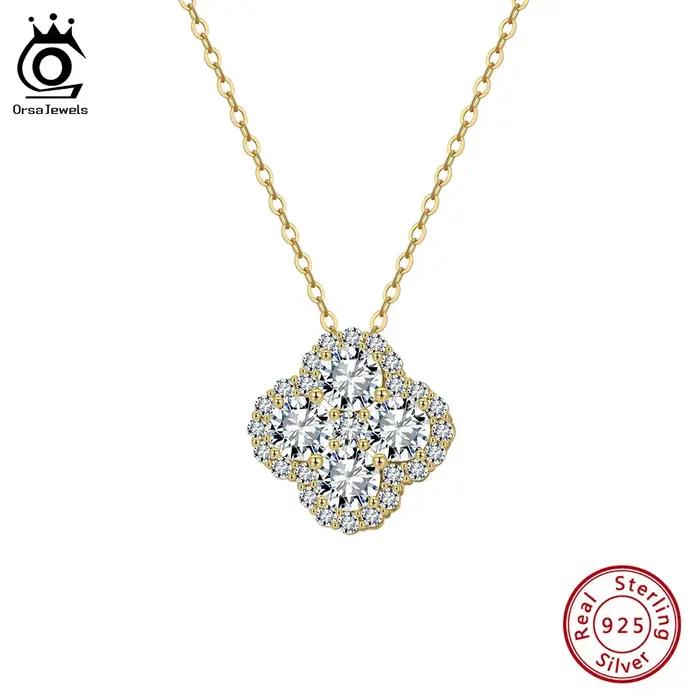 ORSA JEWELS exquis 925 argent 8A Premium Zircon pendentif collier pour les femmes chanceux trèfle à quatre feuilles bijoux de mariage LZN28