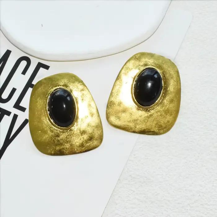 Boucles d'oreilles pendantes géométriques vintage en alliage métallique avec pierre noire pour femme