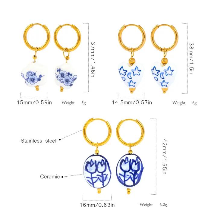 Boucles d'oreilles en céramique bleue hypoallergénique acier inoxydable forme cœur pour femmes occasions spéciales et tous les jours