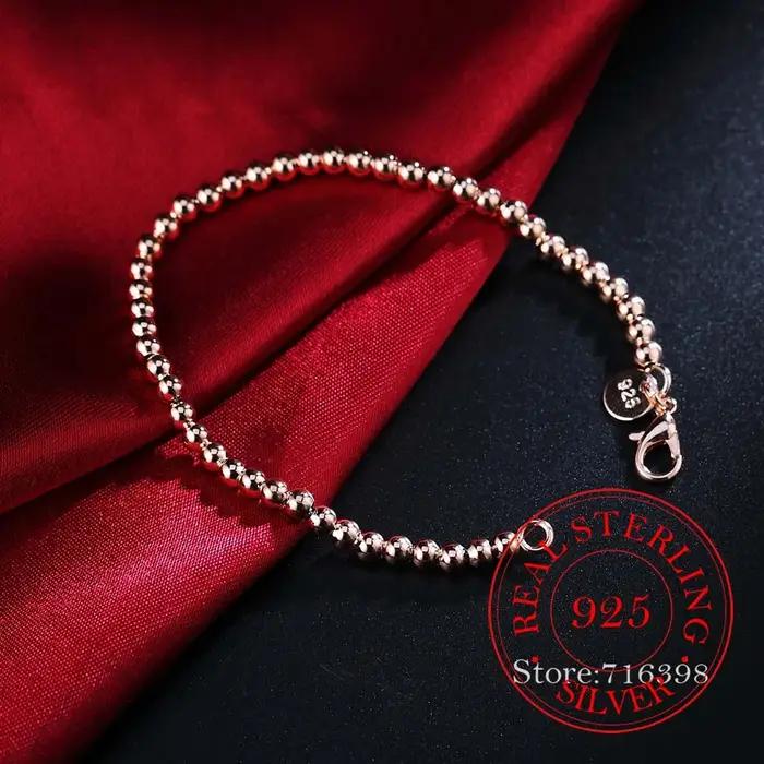 100% réel 925 Bracelet en argent Sterling pour femmes hommes Homme 4MM perles boule chaîne Bracelets
