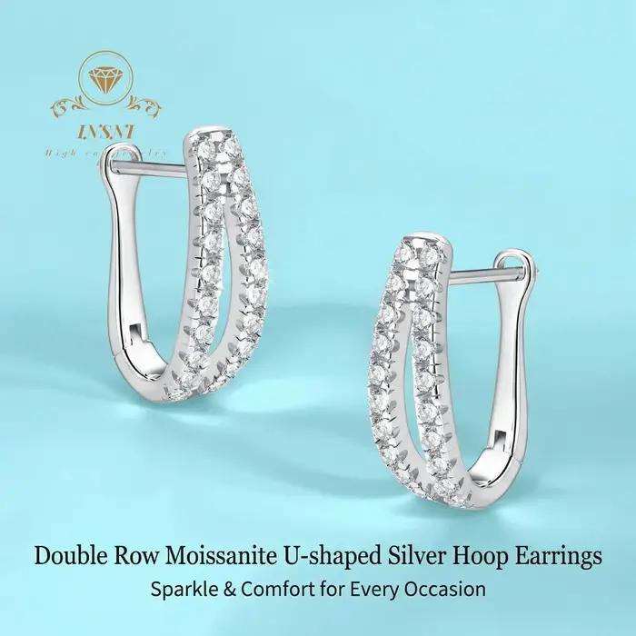 Boucles d'oreilles en argent en forme de U incrustées de moissanite et de diamants double rangée