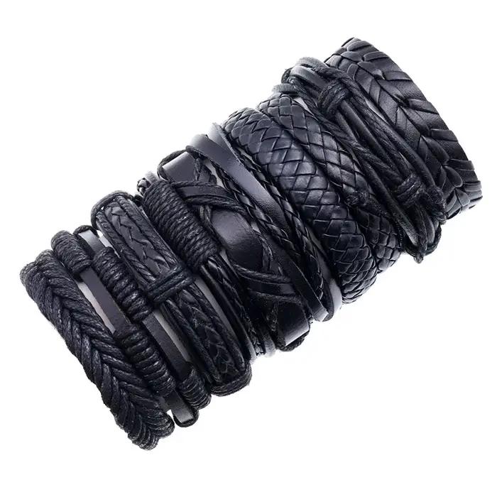Ensemble de bracelets en cuir noir tressé à la main unisexe