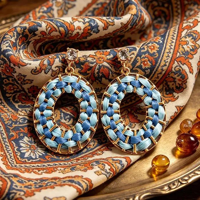 Boucles d'oreilles pendantes en raphia tressé bleu dégradé avec monture dorée et cristaux étincelant
