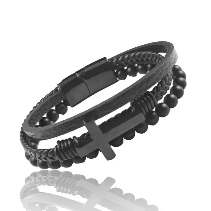 Bracelet croisé en cuir tressé multicouche pour homme
