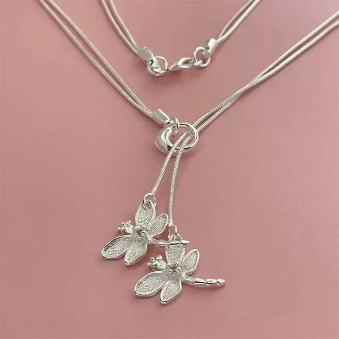 Collier avec pendentif deux libellules en argent Sterling 925 pour femmes