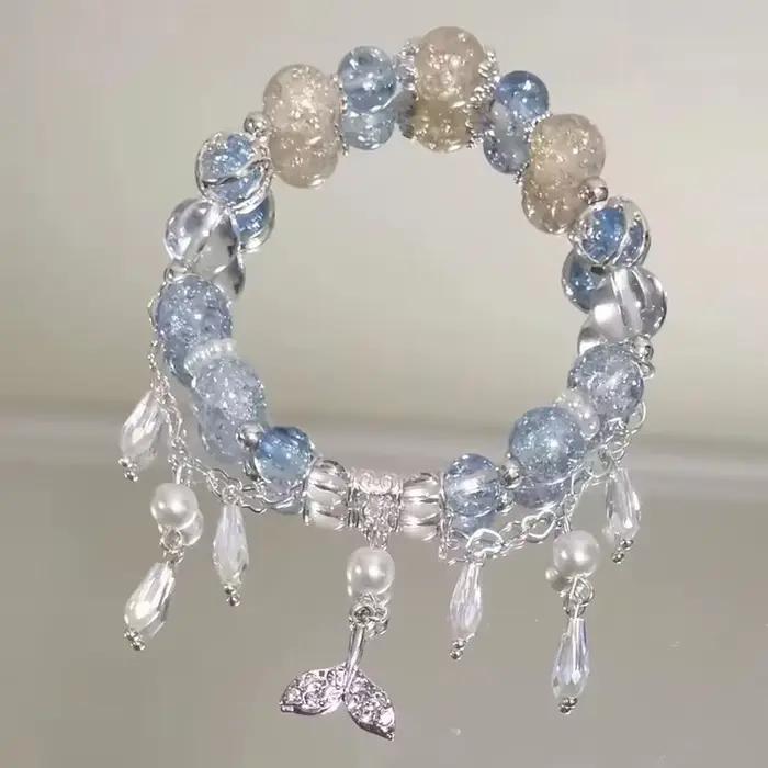 Bracelets en perles de cristal de verre bleu clair pour femme