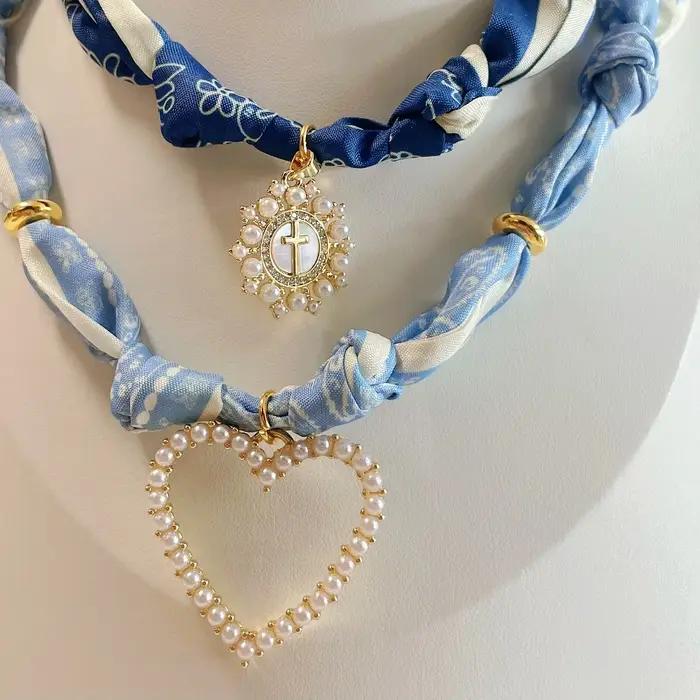 Collier à breloques écharpe-floral Beige et bleu avec perle blanche coeur croix Boho déclaration cadeau bijoux
