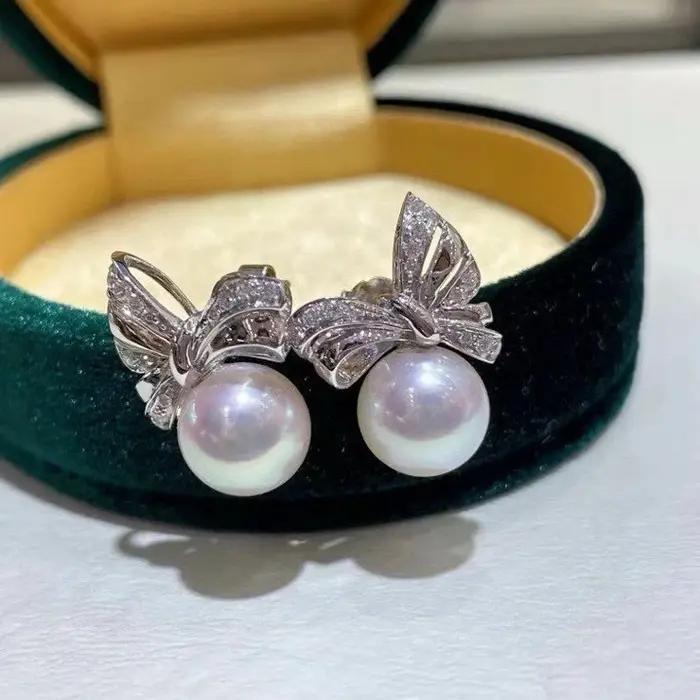 Certifié mode luxe concepteur 925 argent nœud papillon perle oreille Stud 9-10mm rose rond Aurora Lusuter perle boucle d'oreille bijoux