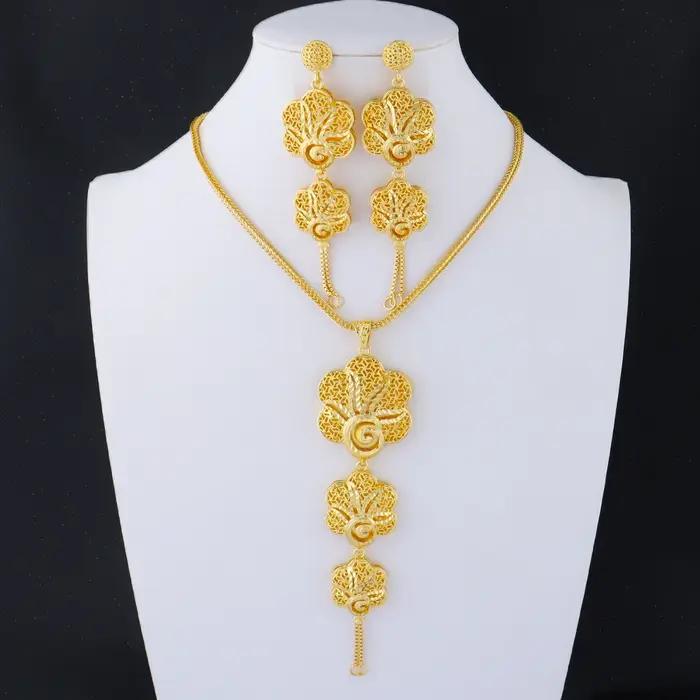 Ensemble de bijoux de luxe pour femmes, boucles d'oreilles, collier, indien, dubaï, couleur or, afri
