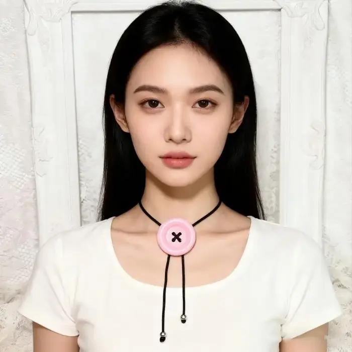 Collier contemporain en cordon cire orné boutons, système fermeture réglable, bijoux légers les jour