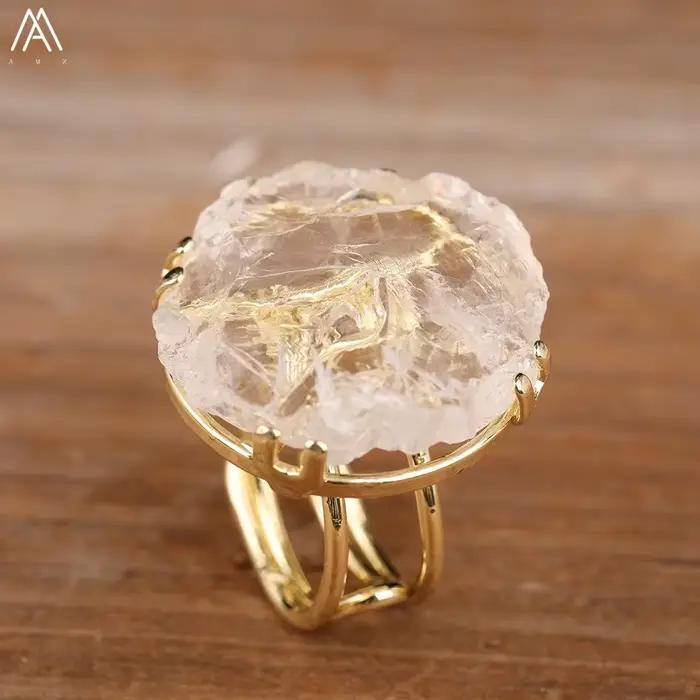 Bague en or et cristal de Quartz blanc naturel, pierres précieuses brutes, bijoux de déclaration fai