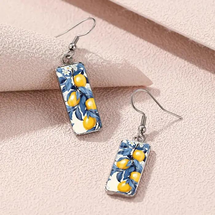 Boucles d'oreilles citron en verre convexe et acier inoxydable pour femmes style décontracté sportif occasions quotidiennes et spéciales