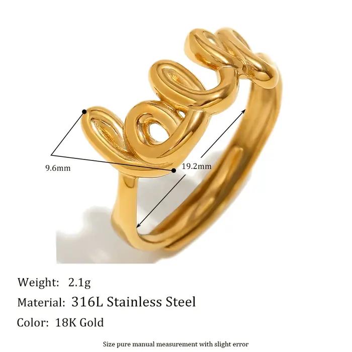 Bague plaquée or 18 carats avec mot amour en acier inoxydable 316L pour femmes occasions spéciales et partys