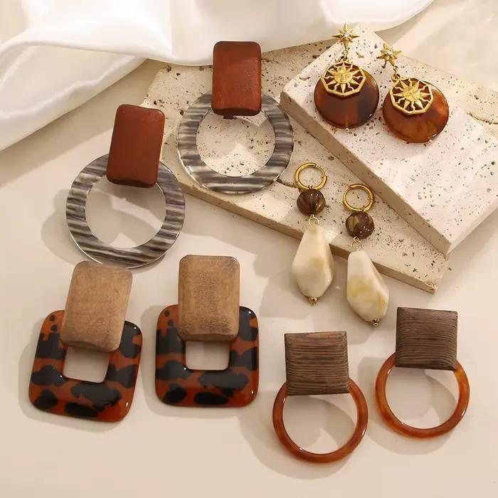 AENSOA – boucles d'oreilles Vintage en résine de bois à rayures, Style Multiple, mode en acier inoxydable imprimé léopard, pendentif en forme de cœur, bijoux