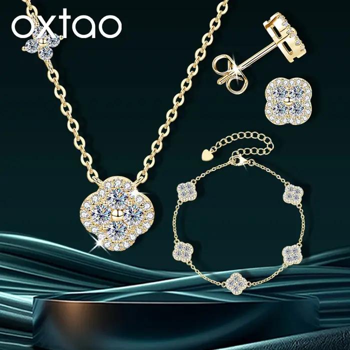 Ensemble de bijoux de luxe trèfle à quatre feuilles pour femme collier bracelet boucles d'oreilles moissanite certifiée couleur D plaqué or 14K romantique occasions spéciales