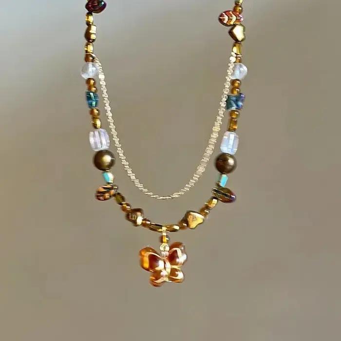 Collier pendentif papillon perlé rétro style Melard pour femme perles colorées pull à deux couches clavicule jochokers bijoux fins occasions spéciales