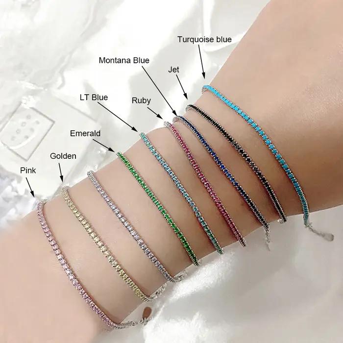 Bracelet de Tennis en argent pur pavé 1.5mm rubis/bleu LT/Turquoise/Montana/blanc/jet/rose/doré/vert couleur Zircon réel 925 bijoux
