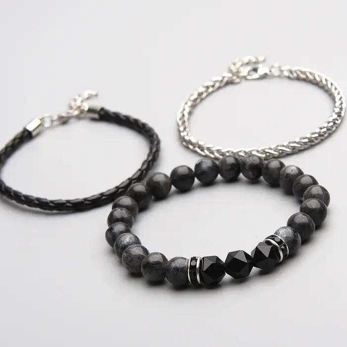 Ensemble de 3 bracelets en cuir véritable et chaîne en acier inoxydable