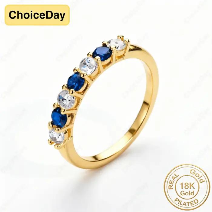 Bague de luxe plaquée or 18 carats avec zircone ronde bleue et blanche pour femme, bijou tendance po