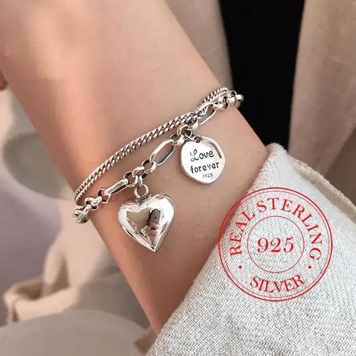 Bracelet Double couche en argent Sterling 925 pour femme, élégant, lettre d'amour, cœur, Design Uniq