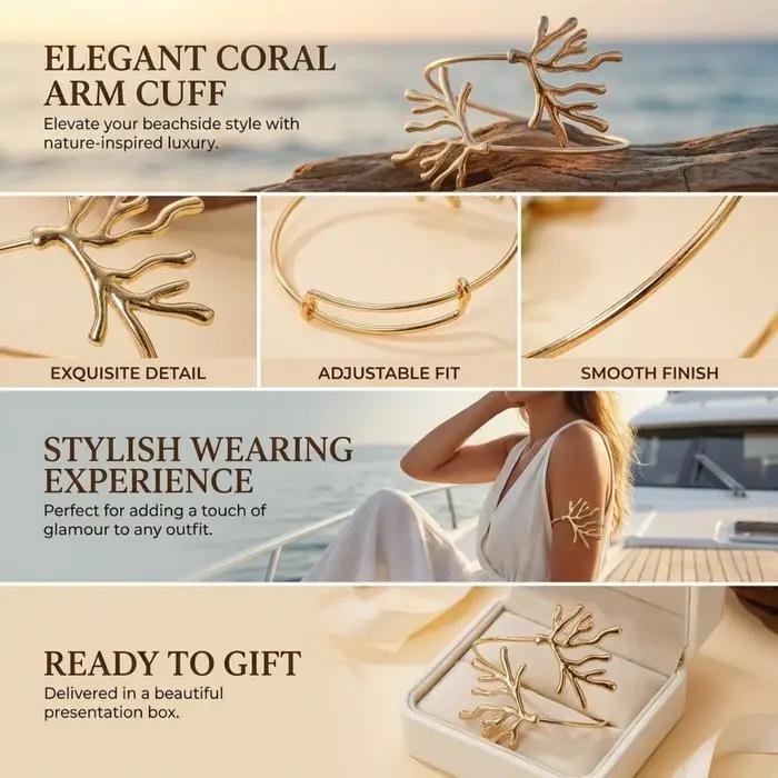 Bracelet de manchette en métal plaqué or avec motifs de plantes et coquillages pour homme et femme, style bohème estival pour plage et occasions spéciales