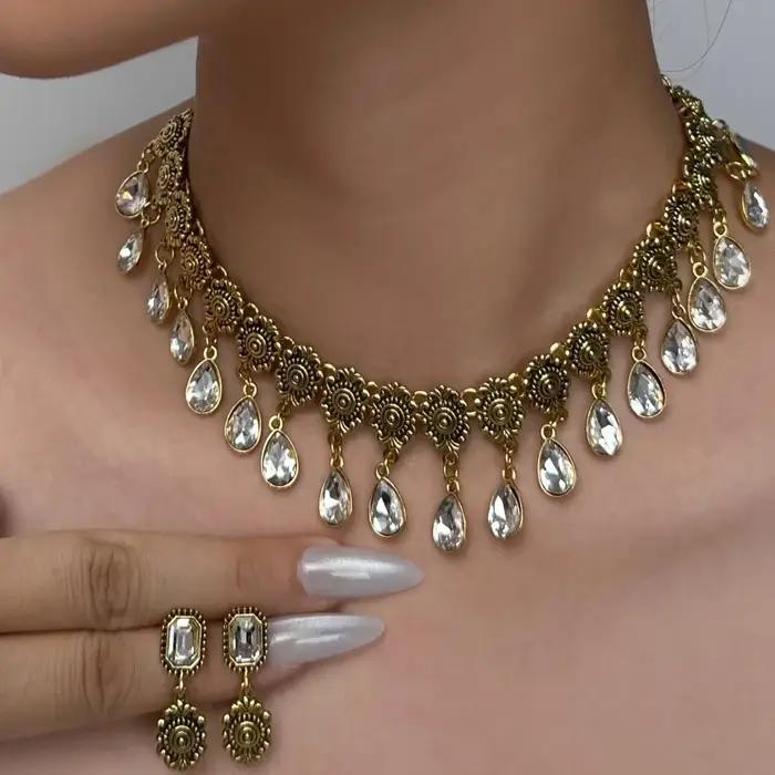 Ensemble collier et boucles d'oreilles en forme de goutte d'eau, Style ethnique à la mode, ensemble