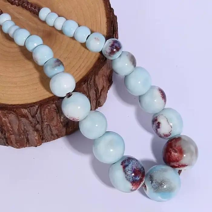 Grand collier de perles en céramique Vintage pour femmes, fait à la main, Long et réglable, bijoux de Style ethnique Boho