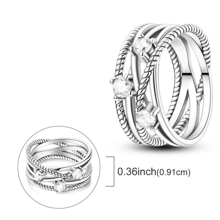 Bague Torsadée en Argent Sterling 925 Incrustée de Zirconium Blanc Empilable pour Occasions Spéciales Femme