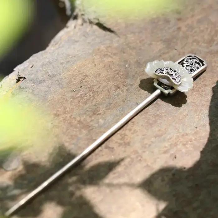 Bijoux de cheveux en jade blanc naturel incrusté d'argent 925, Hetian, style ethnique vintage classique, accessoire hanfu, motif de nuage de cieux