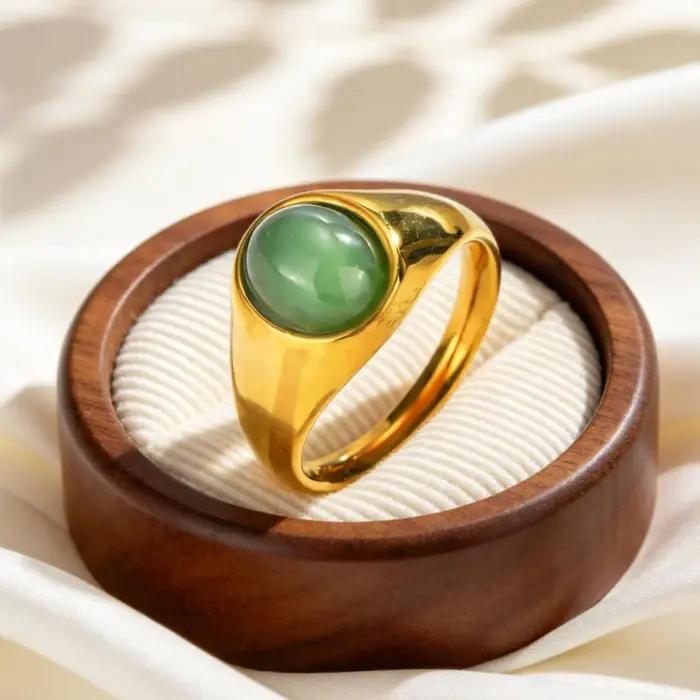 Bague ovale en acier inoxydable avec aventurine naturelle plaquée or 18 carats pour femme, bijou de fête et de tous les jours, cadeau romantique et élégant