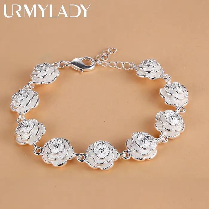 Bracelet à breloques en argent Sterling 925 pour femmes, chaîne à fleurs de Rose, jolis accessoires