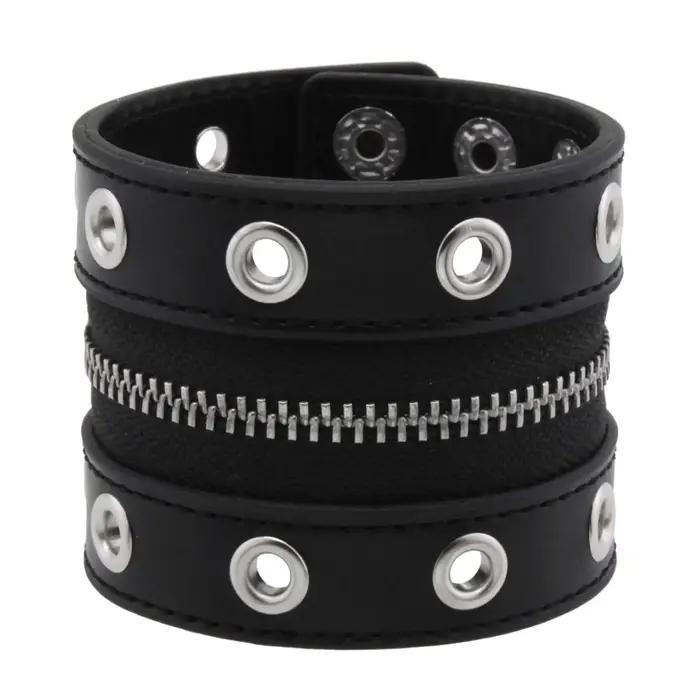 Bracelet gothique en cuir avec fermeture éclair, Punk, rivets, boutons, accessoires de mode pour hom