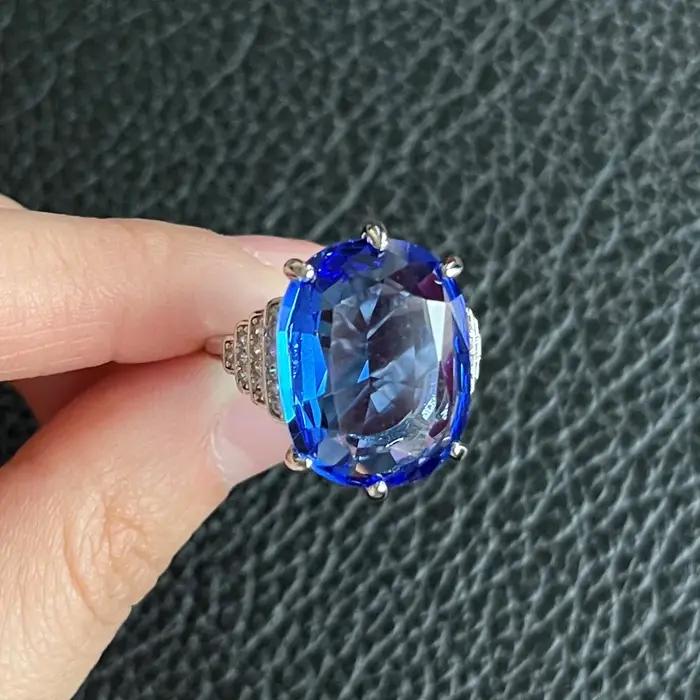 Bague classique en pierre d'ellipse en cristal bleu pour femmes