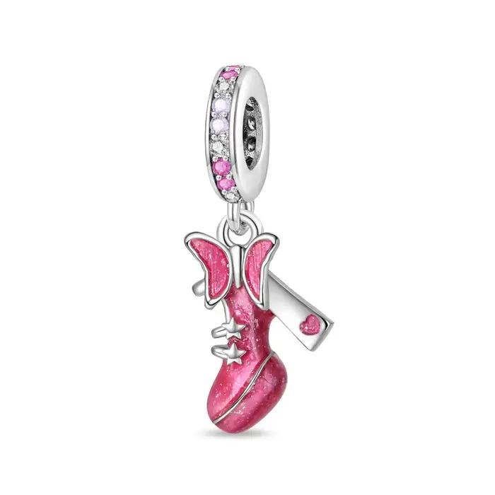 Breloque Perle en Argent 925 pour Fille, Série Rose, Motifs Robe de Princesse, Trousse de Maquillage, Chaussures de Danse, Queue de Cheval, Beauté, Compatible Bracelet DIY 3mm