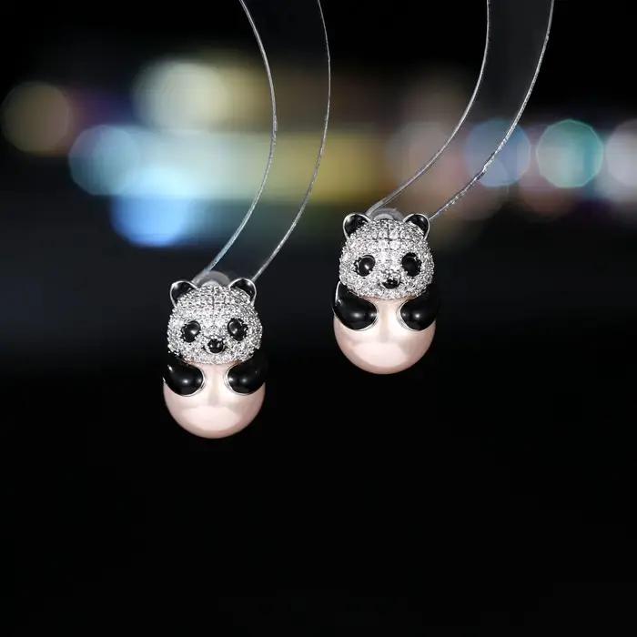 Boucles d'oreilles panda mignonnes en zircon micro-pavé et perles