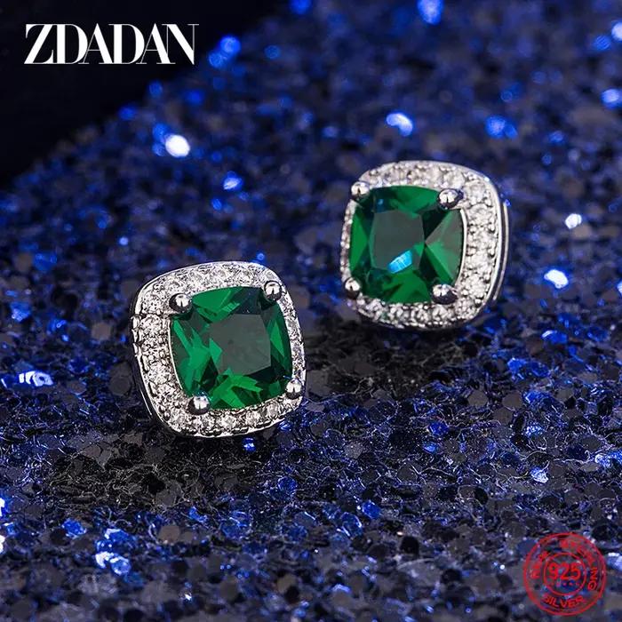 ZDADAN 925 argent Sterling 9mm carré émeraude boucle d'oreille pour les femmes bijoux de mode