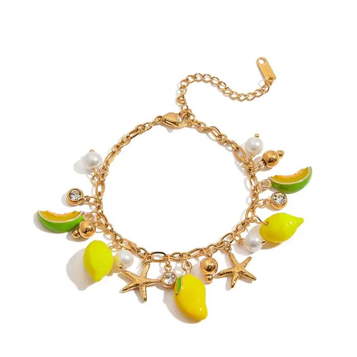 Bracelet à breloques en acier inoxydable avec motifs fruits exotiques et étoiles de mer pour femmes style moderne à offrir occasions spéciales