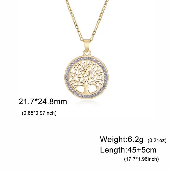 Skyrim-Collier arbre de vie pour femmes en acier inoxydable couleur or Zircon clair pendentif rond Chaînes de cou Cadeau de mariage de luxe