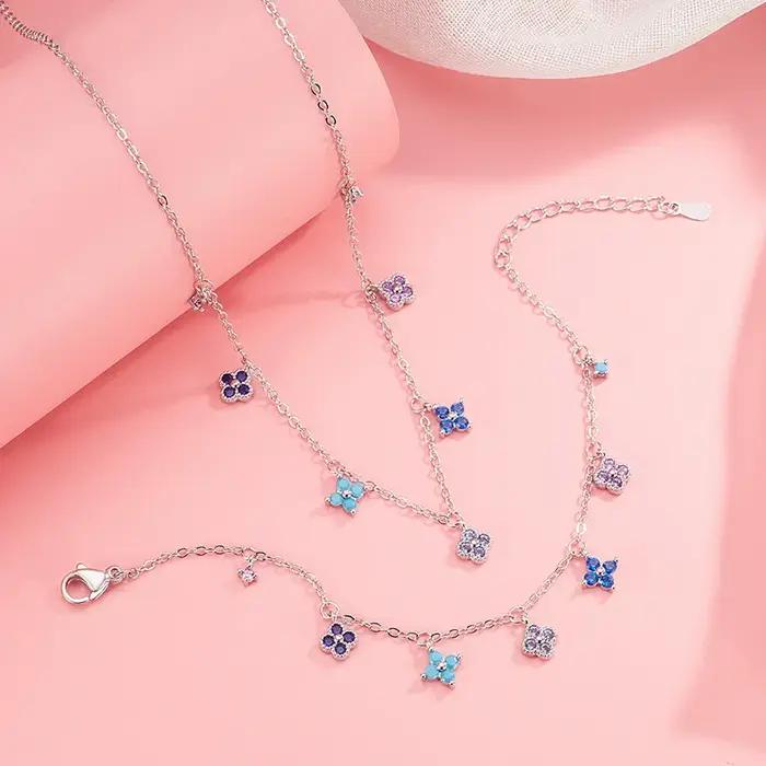 Bracelet et Chevillère en Argent Sterling 925 Nouveau Trèfle à Quatre Feuilles Multicolore Diamant Scintillant Accessoires de Collier Cadeau Occasions Spéciales