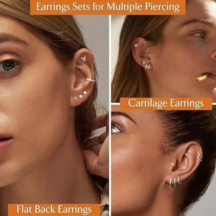 Ensemble de boucles d'oreilles en acier chirurgical hypoallergénique, cerceaux, Tragus, Cartilage, Piercing, dos plat, bijoux pour femmes