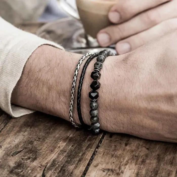 Ensemble de 3 bracelets en cuir véritable et chaîne en acier inoxydable
