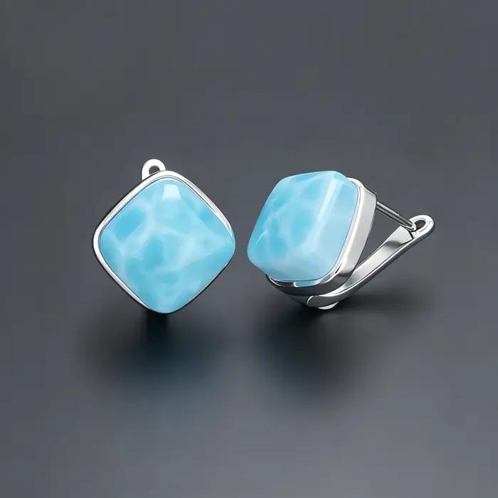 Boucle d'oreille Larimar naturelle élégante en argent Sterling 925