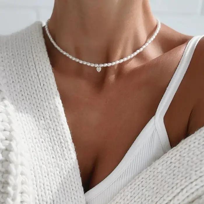 Collier pendentif coeur en cristal pour femmes, style Boho Barlotte, chaîne de perles d'imitation, b