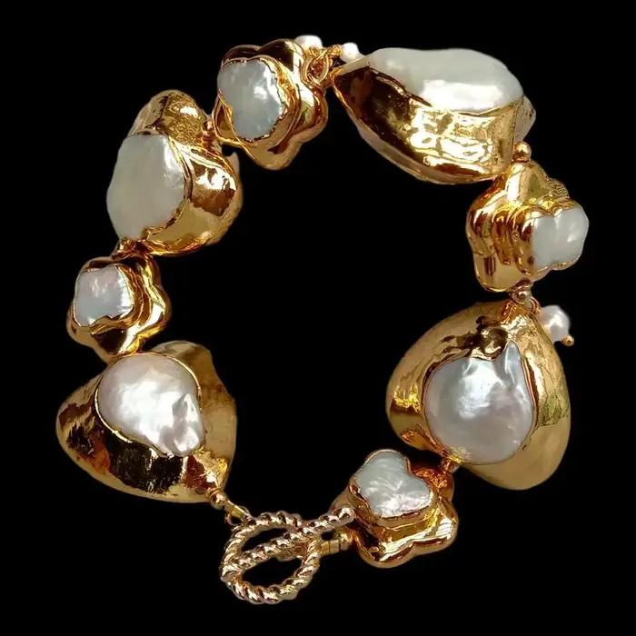 KKGEM perle Keshi blanche naturelle avec Bracelet enroulé en forme de cœur et de fleur plaqué or 9 "fermoir à bascule style de classe