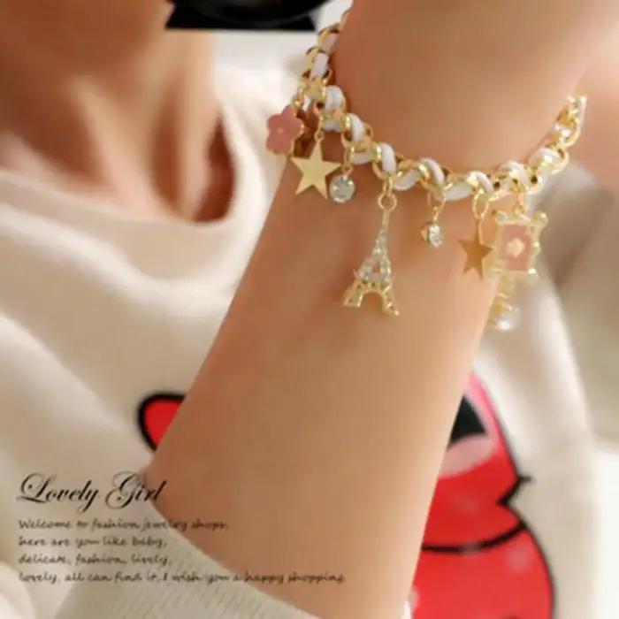 Nouvelle arrivée femmes fleurs Bracelet chaîne étoile coeur Paris tour Eiffel couronne Poker mignon