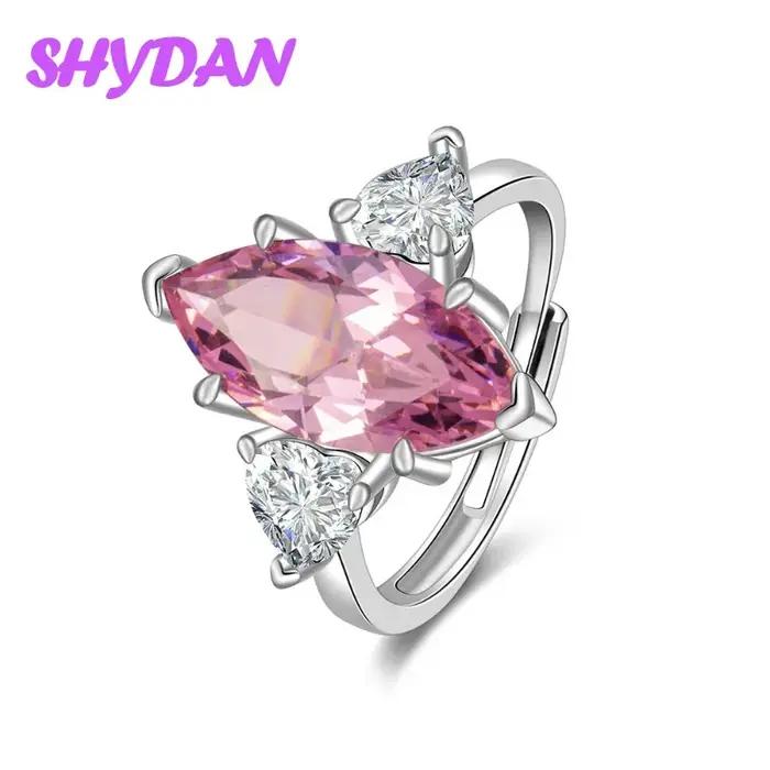 Bague ajustable en argent sterling 925 avec zircon cubique rose en forme de goutte d'eau