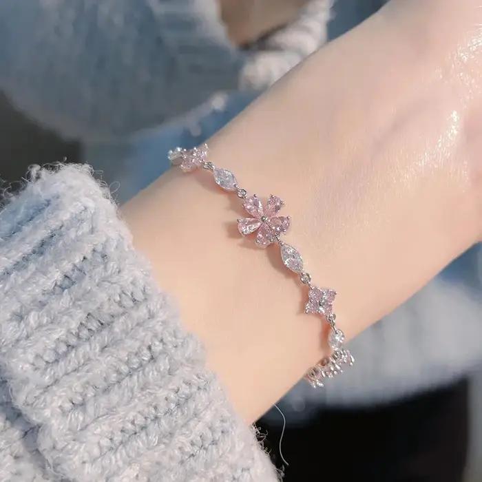 Y2K – Bracelet en cristal rose doux pour femmes, Zircon scintillant, fleurs élégantes, bijoux cadeau
