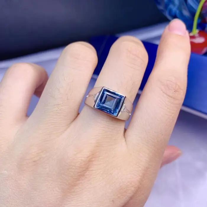 Bague en argent regardé 925 avec topaze bleue océan pour homme