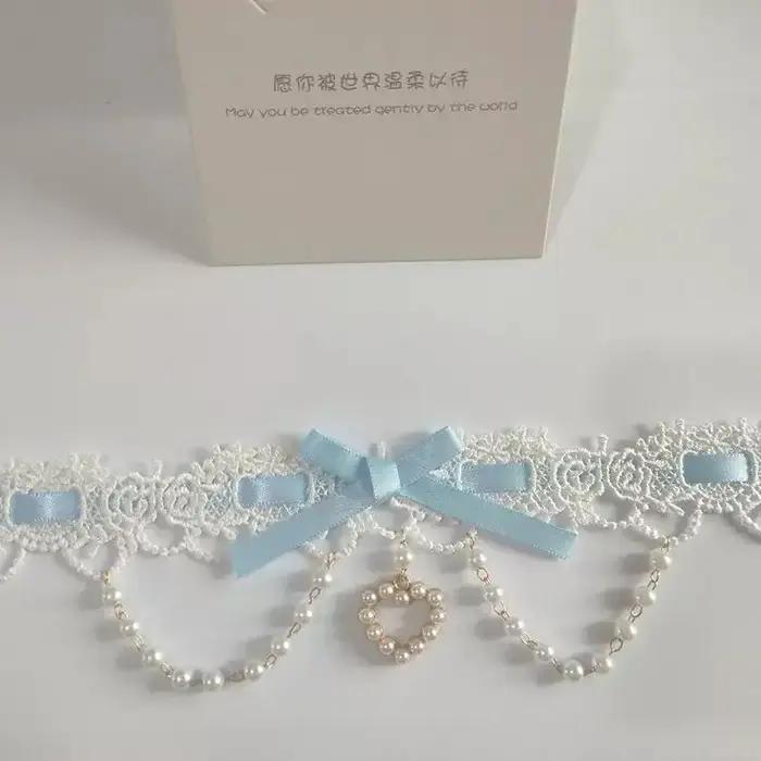 Collier en dentelle perlée Sweet Lolita Y2K avec ruban pour femme