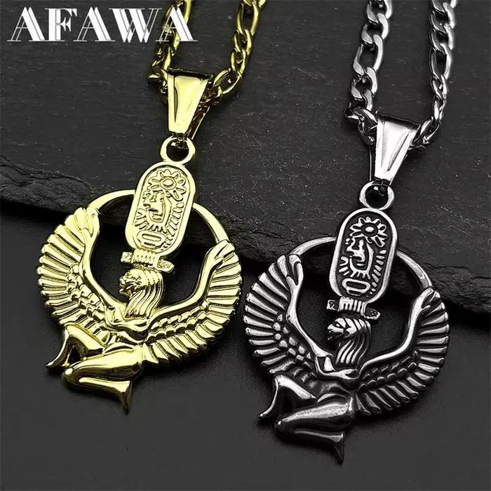 Collier Isis Déesse de la Vie en Acier Inoxydable avec Cartouche Mystère pour Hommes et Femmes Occasions Spéciales